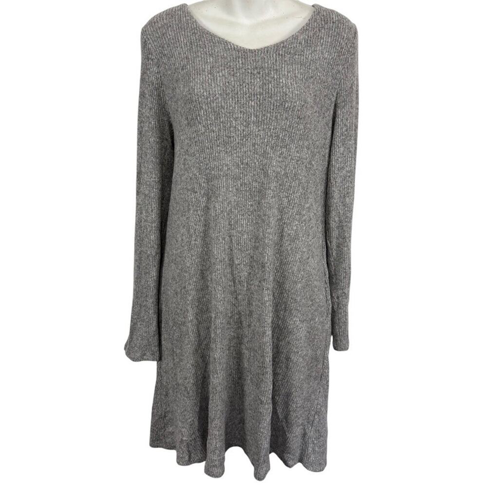 AGB Dress Gray Ribbed Long Sleeve Stretch Short Length Dress V-Back Womens sz L